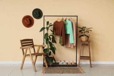 Odanın iç tarafındaki bej duvarın yanında şık kıyafetler, ayakkabılar ve ev bitkileriyle siyah askılar.