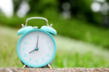 Parktaki yeşil çimlerin yakınındaki kaldırımda mavi alarm saati, yakın plan.