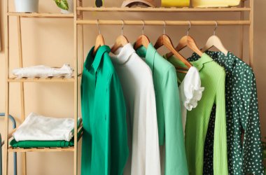 Bej duvarın yanında şık kıyafetlerle dizilin, yakın plan.