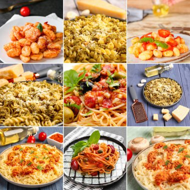 Peynirli ve sebzeli geleneksel İtalyan makarna yemekleri koleksiyonu.