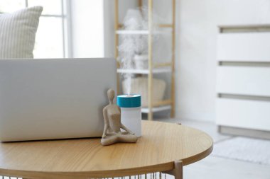 Biblo ve dizüstü bilgisayarlı hava nemlendirici oturma odasında, yakın plan.