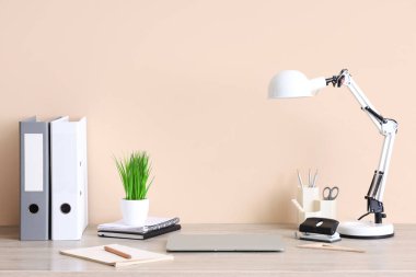 Masa lambası, ev bitkisi, ofis malzemeleri ve bej duvarın yanındaki dizüstü bilgisayarı olan modern bir iş yeri.