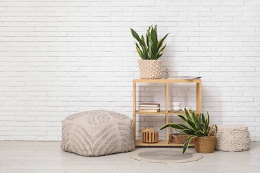 Raflar, puf ve sansevieria bitkileri odanın içindeki beyaz tuğla duvarın yanında.