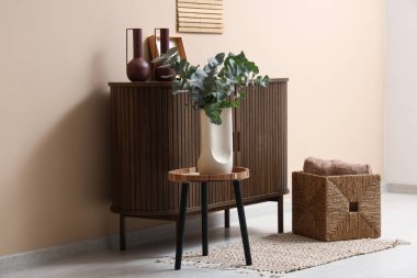 Okaliptüs dallarıyla dolu vazo bej duvarın yanındaki odada.