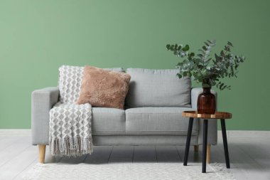 Oturma odasındaki yeşil duvarın yanındaki masada okaliptüs dalları olan kanepe ve vazo.