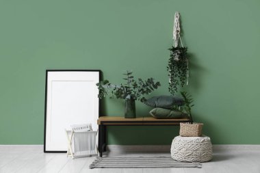 Cushions and vase with eucalyptus twigs on bench near green wall in room
