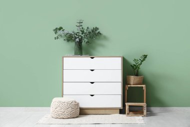 Interior of room with vase of eucalyptus twigs on chest of drawers near green wall
