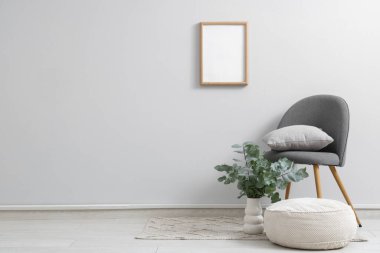 Okaliptüs dallı sandalye ve vazo. Beyaz duvarın yanında, odada.