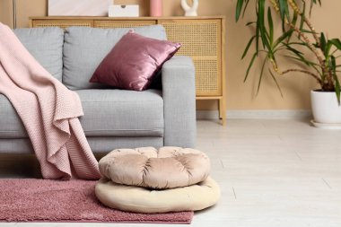 Grey sofa with coral cushion and plaid near beige wall in interior of living room