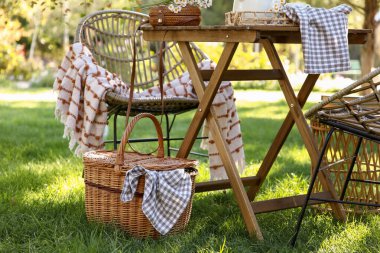 Rahat hasır sandalyeler, battaniye, sepet ve kahve masası parkta, dışarıda.