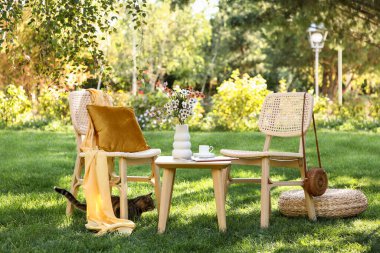 Rahat hasır sandalyeli sevimli kedi, kahve fincanı ve vazo çiçekleri parkta, açık havada