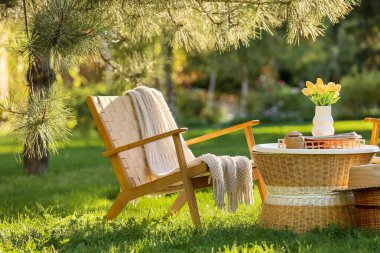 Rahat hasır koltuk, dergiler ve vazo çiçekleri parktaki kahve masasında, açık havada.