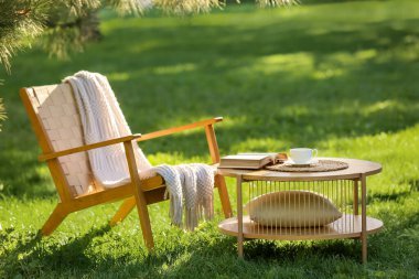 Rahat hasır koltuk, battaniye, kitap ve kahve ile parkta, açık havada.