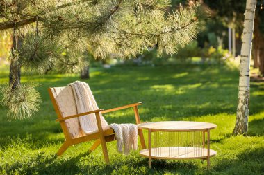 Rahat hasır koltuk, battaniye ve kahve masası parkta, dışarıda.