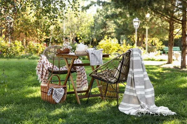 Battaniye, sepet, papatya çiçeği ve çaydanlık olan rahat hasır sandalyeler parkta, dışarıda