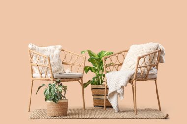 Bitkileri ve bej arka planda halısı olan hasır koltuklar.