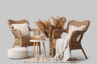 Açık arkaplanlı hasır koltuklar, puf ve pampa otları