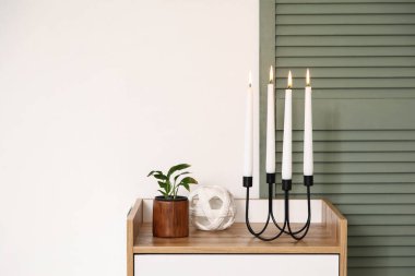 Dekorlu şamdan ve ışık odasındaki çekmecelerin üzerine bitki.