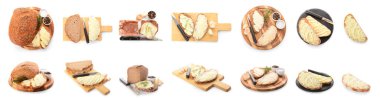 Collage of fresh bread with butter and spices on white background