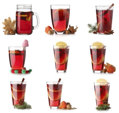 Beyaz arka planda lezzetli sıcak şarap seti