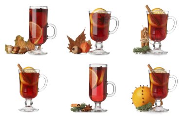 Beyaz arka planda lezzetli sıcak şarap seti