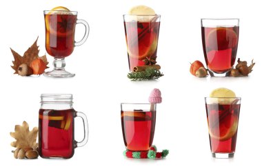 Beyaz arka planda lezzetli sıcak şarap seti