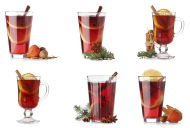 Beyaz arka planda lezzetli sıcak şarap seti