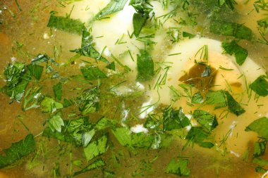 Yumurtalı, dereotlu ve maydanozlu leziz yeşil borş, yakın plan.