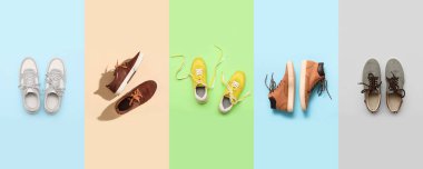 Renkli arka planda farklı erkek ayakkabılarının kolajı, üst görünüm