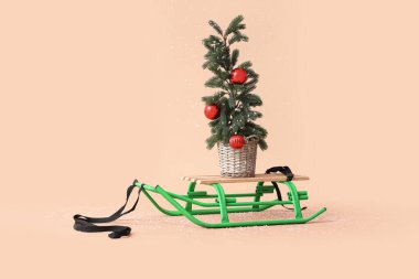 Saksıda Noel ağacı ve bej arka planda düşen karla kızak.