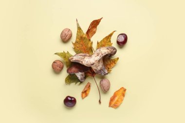 Sarı arka planda mantarlı, fındıklı ve sonbahar yapraklı kompozisyon