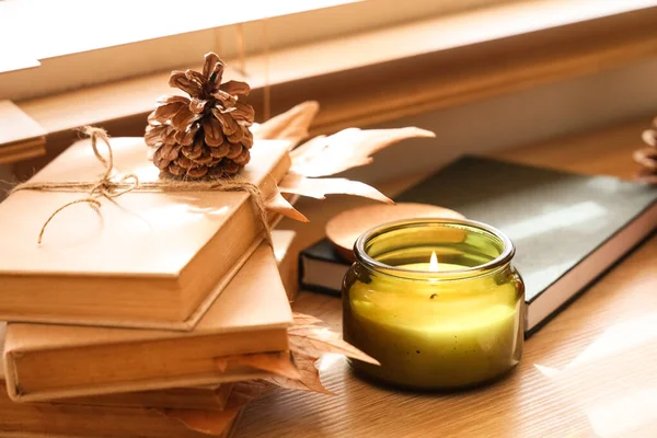 Kitaplar, kuru yapraklar ve yanan mum oturma odasındaki pencerenin yanında, yakın plan.