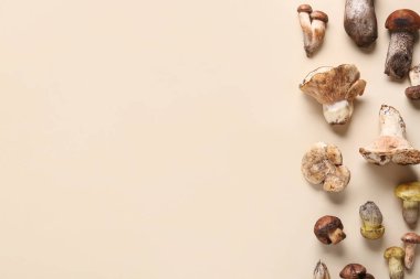 Bej arka planda mantarlı ve sonbahar yapraklı kompozisyon