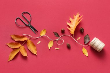 Kırmızı arkaplanda sonbahar yaprakları, iplikler ve makaslarla kompozisyon