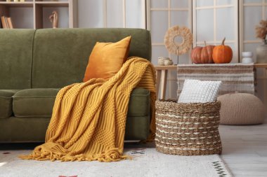 İçinde yeşil kanepe ve sepet olan oturma odasının içi.