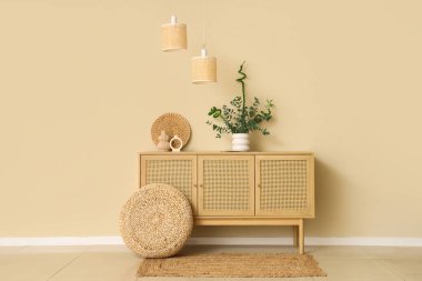 Taze okaliptüs dalları olan vazolar ve oturma odasındaki ahşap çekmecelerin üzerinde şık bir ev dekorasyonu.