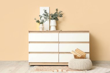 İçinde taze okaliptüs dalları olan vazolar çekmeceler ve oturma odasında yumuşak bir kese.