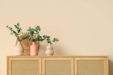 Taze okaliptüs dalları olan vazolar bej duvarın yanındaki tahta çekmecelerin üzerinde.