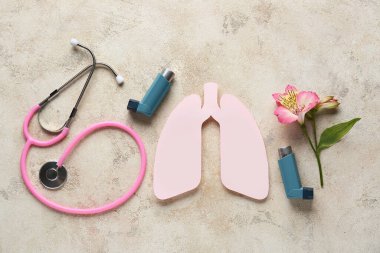 Kağıt ciğerli astım spreyleri, steteskop ve beyaz arka planda güzel bir çiçek.