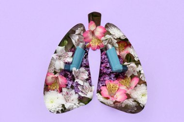 Astım spreyli güzel çiçekler akciğer şeklinde kesilmiş leylak kağıdından görülebilir.