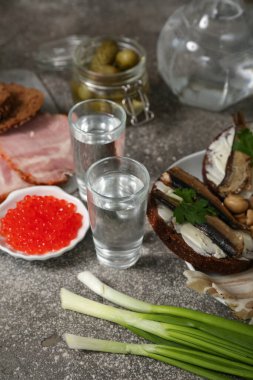 Soğuk votka ve gri arka planda atıştırmalıklar.