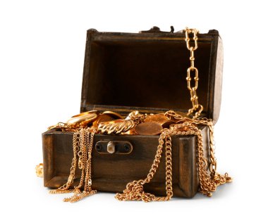 Beyaz arka planda saklı hazineleri olan eski sandık.