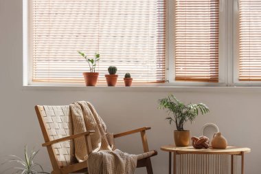 Oturma odasının içinde tahta hasır koltuk, kahve masası ve pencere kenarında bitkiler var.