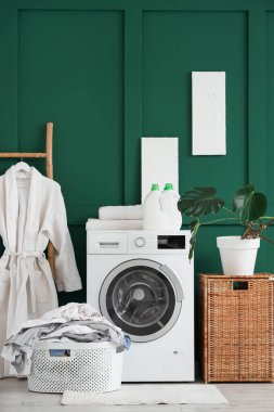 Çamaşır makinesi, hasır sepeti ve saksısı olan şık bir çamaşırhane.