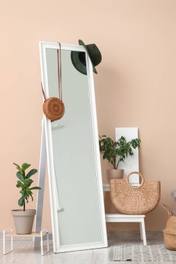 Ayna, ev bitkileri ve bej duvarın yanındaki aksesuarlarla dolu bir oda.