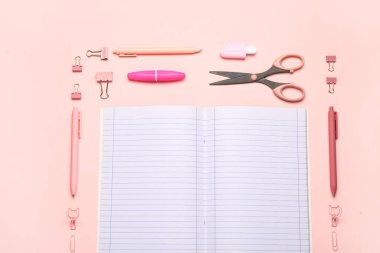 Pembe arka planda farklı kırtasiye malzemesi içeren defter.