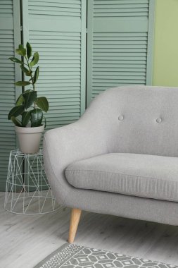 Gri kanepe, bitki ve katlanmış ekran ile şık bir oturma odası.