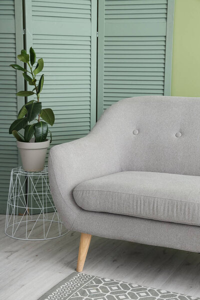 Interior of stylish living room with grey sofa, plant and folding screen