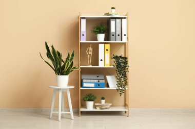 Ofiste bej duvarın yanında doküman klasörleri ve bitkilerle raf ünitesi
