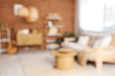 Oturma odası, kanepe, raf üniteleri ve çekmeceleri bulanık görünüyor.